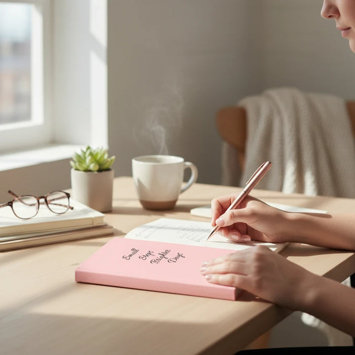 Sunday Theory soft pink hardcover journal with Small Steps Brighter Days text being used by a person at a sunny desk.
