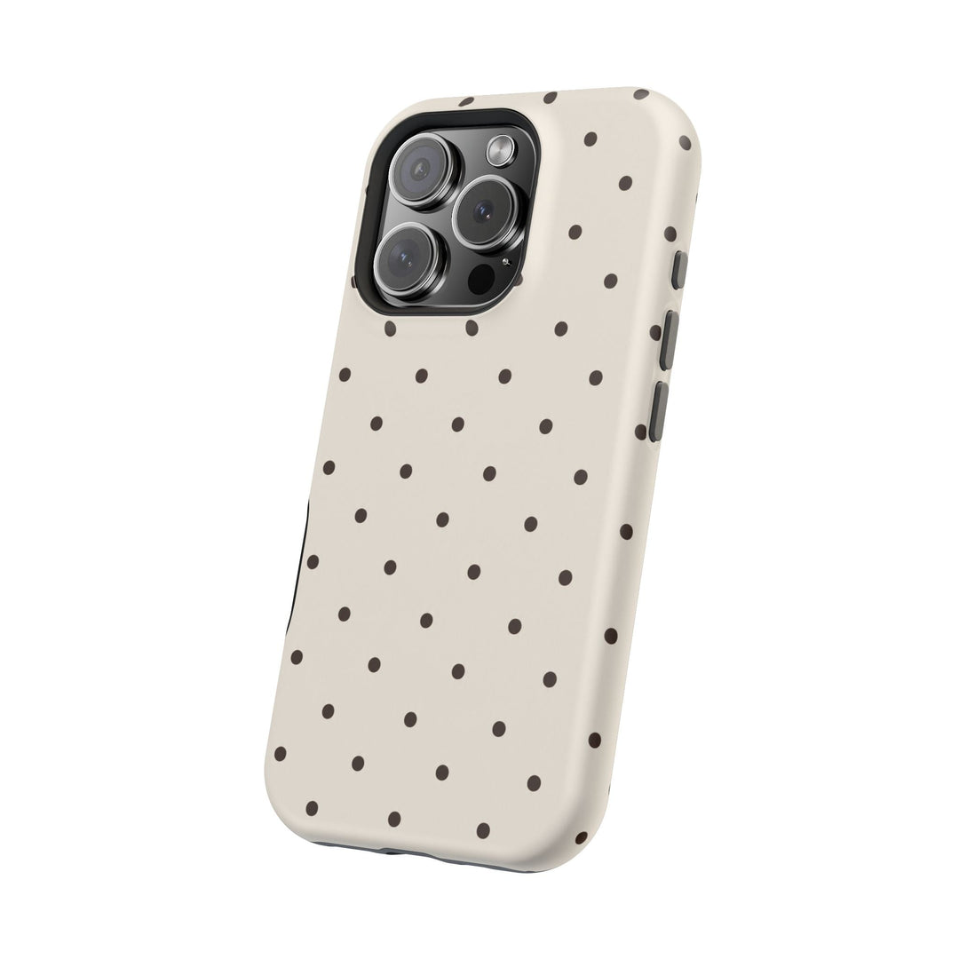 Sunday Theory cream smartphone case with dark brown polka dots, impact-resistant magnetic cover for iPhone