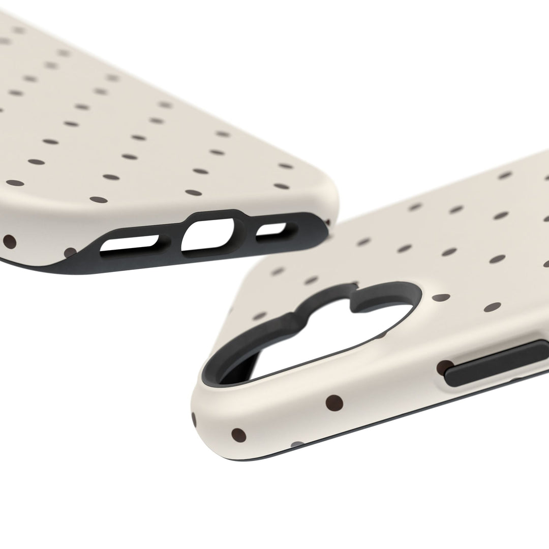Sunday Theory cream and dark brown polka dot magnetic impact-resistant smartphone case showing camera and port cutouts