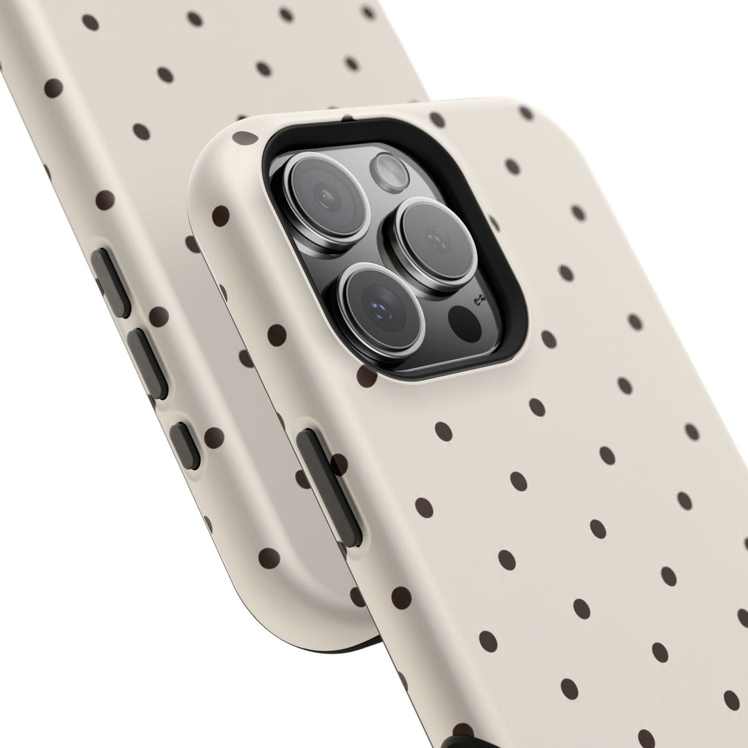 Sunday Theory cream and dark brown polka dot magnetic impact-resistant smartphone case with precision camera cutout.