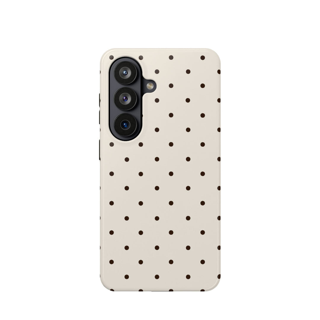 Sunday Theory cream smartphone case with dark brown polka dots and impact-resistant magnetic design