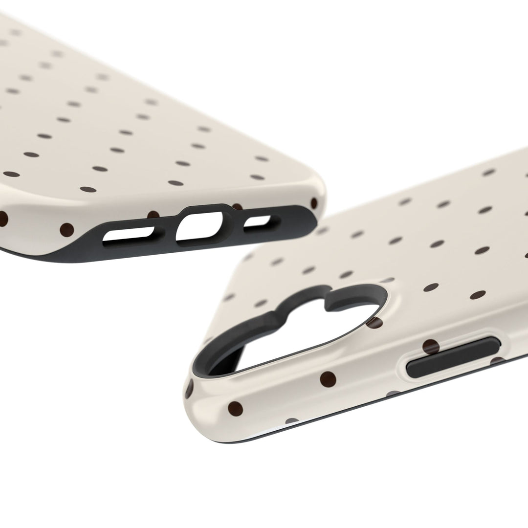 Sunday Theory cream and dark brown polka dot magnetic impact-resistant smartphone case showing camera and port cutouts