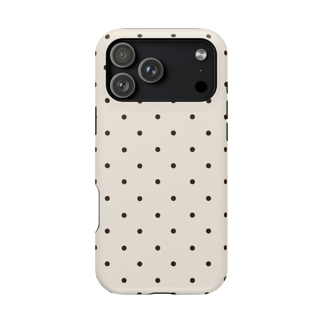 Sunday Theory protective smartphone case in cream with a brown polka dot pattern, featuring a slim, durable design.