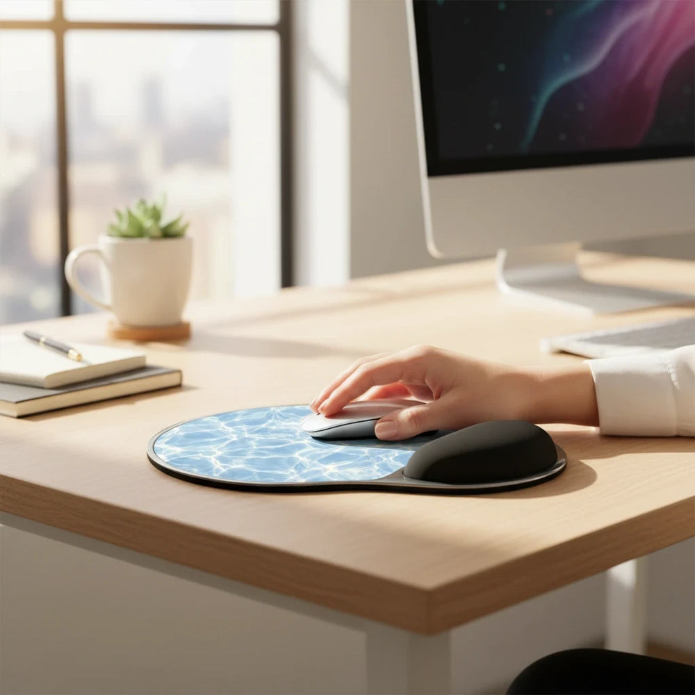Sunday Theory Aqua Ripple mouse pad with ergonomic black memory foam wrist rest on a wooden desk