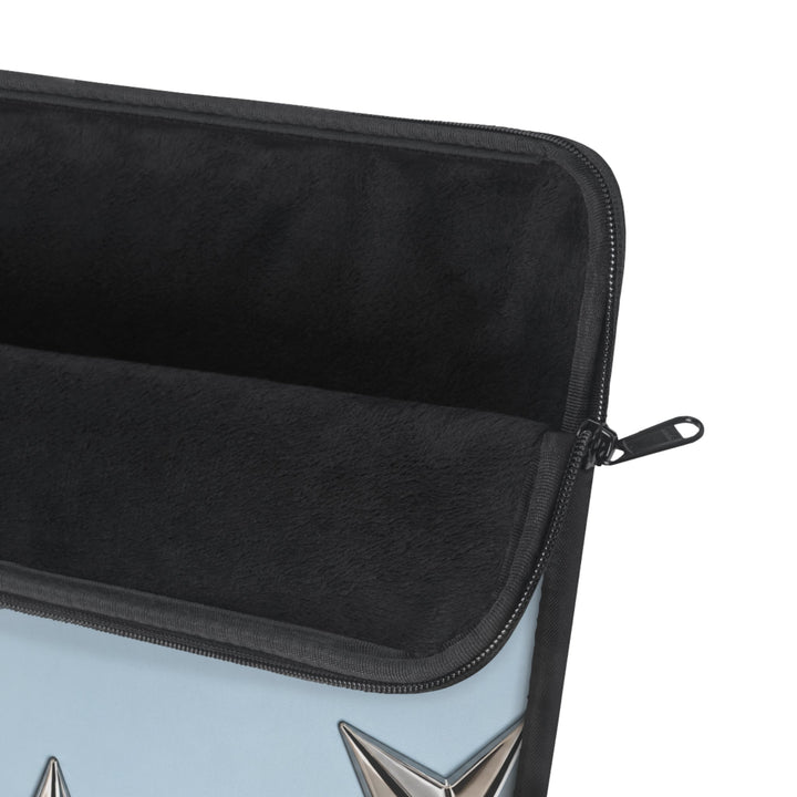 Sunday Theory sky blue laptop sleeve with metallic star details and plush black fleece interior lining