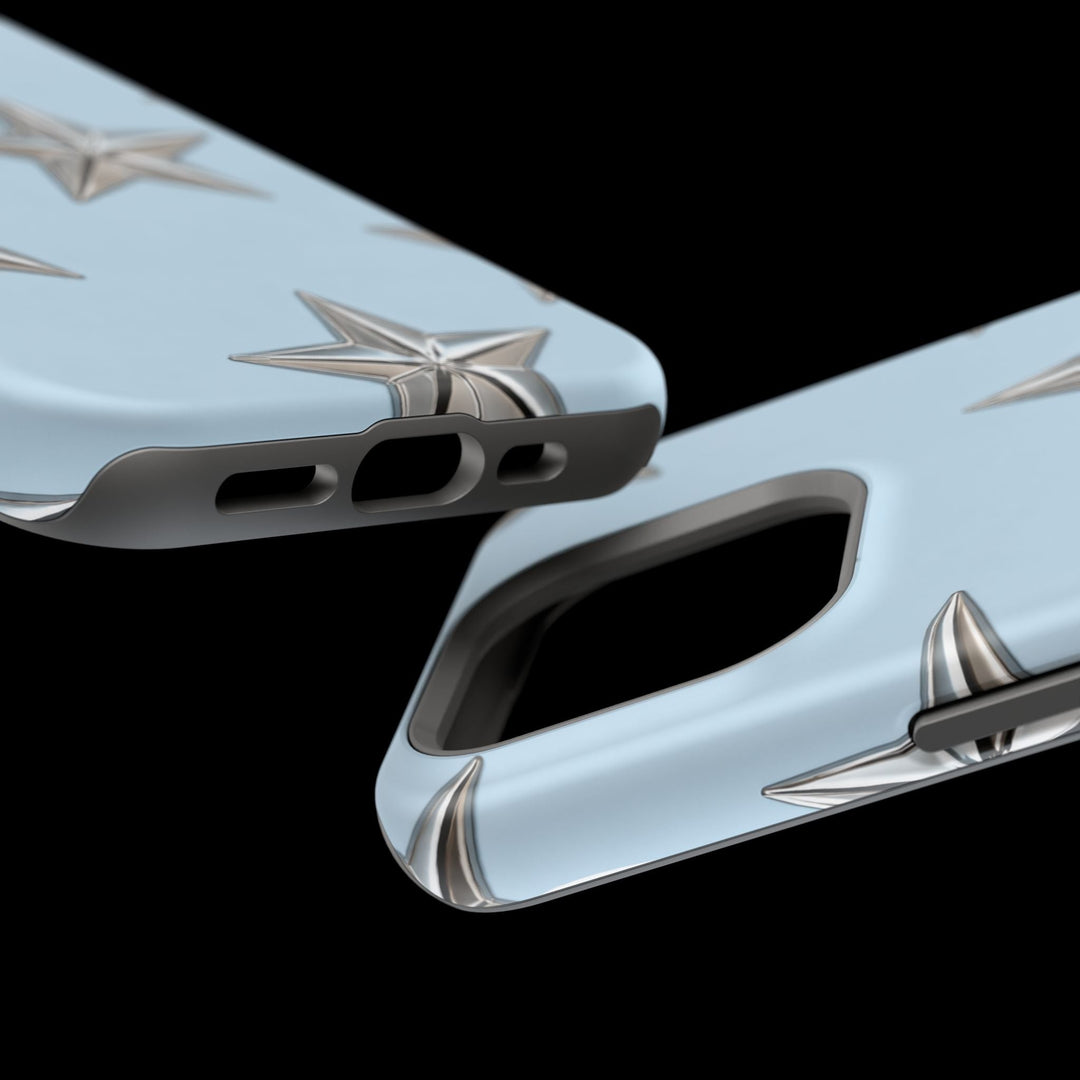 Sunday Theory sky blue phone case with metallic star pattern, featuring dual-layer impact-resistant construction.