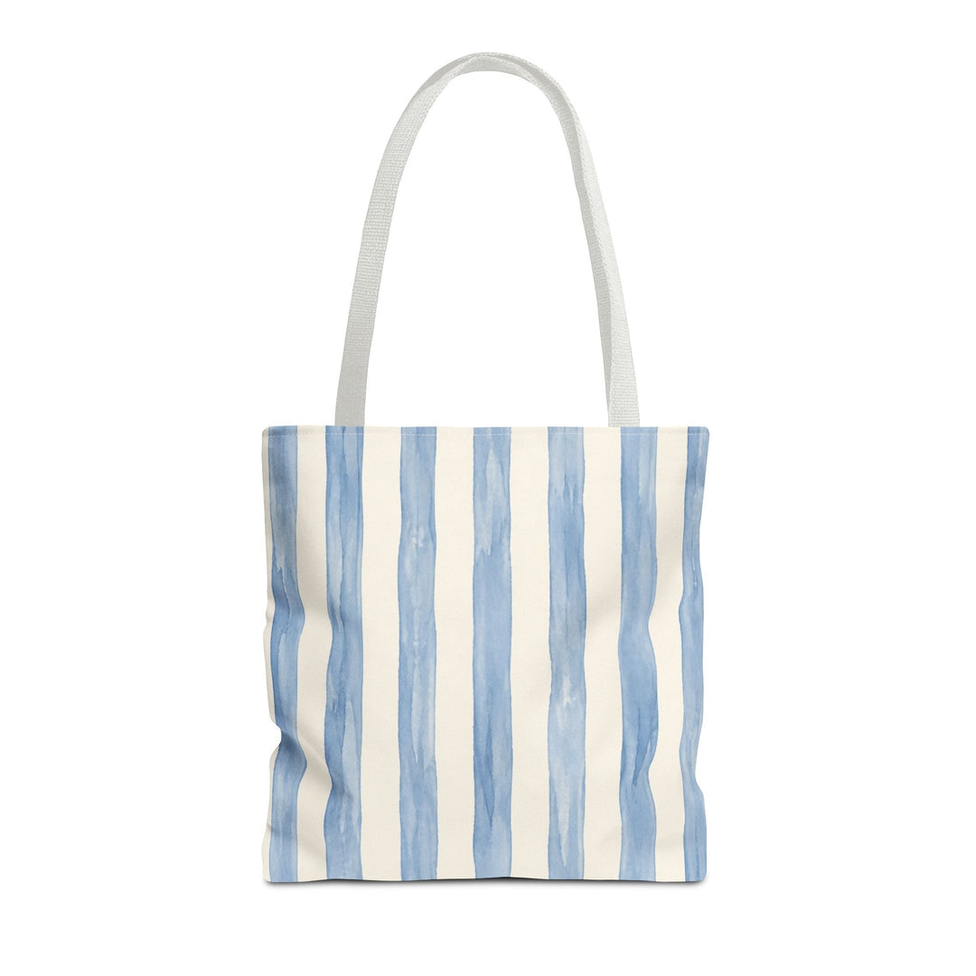 Sunday Theory coastal beachy tote bag featuring pale blue watercolor vertical stripes on durable polyester canvas.