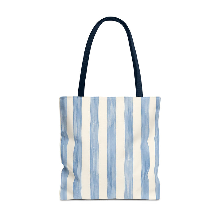 Sunday Theory striped watercolor tote bag in pale blue with dark blue handles, featuring a durable canvas design.