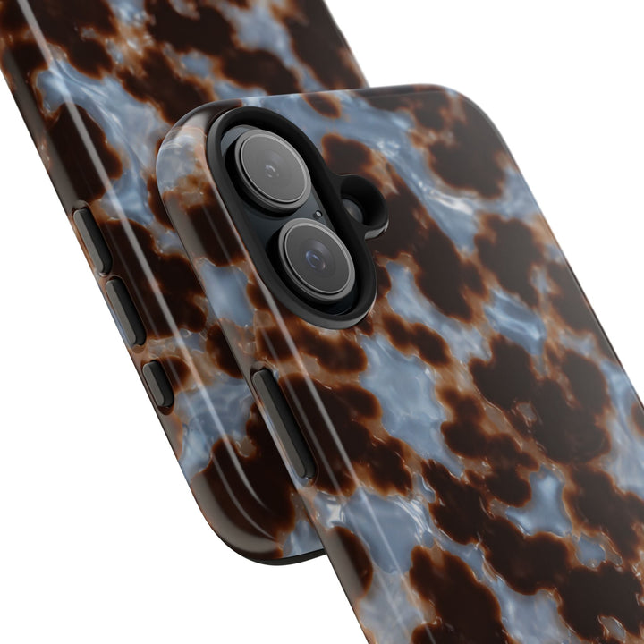 Sunday Theory tortoiseshell phone case with glossy brown and blue pattern and durable dual-layer construction