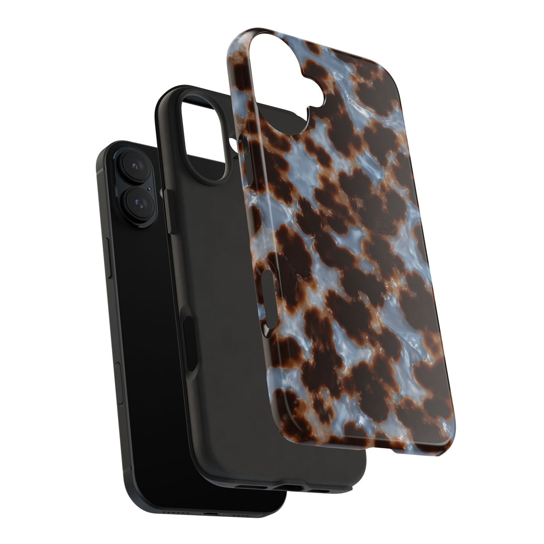 Sunday Theory tortoiseshell phone case with glossy brown and blue pattern, featuring a two-piece shockproof design.