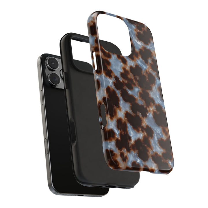 Sunday Theory tortoiseshell phone case with glossy brown and blue pattern, showing two-piece shockproof construction.