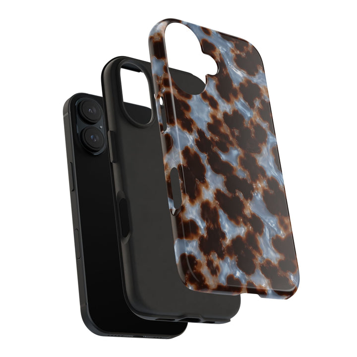 Sunday Theory tortoiseshell phone case with glossy brown and blue pattern and black shock-absorbent TPU liner