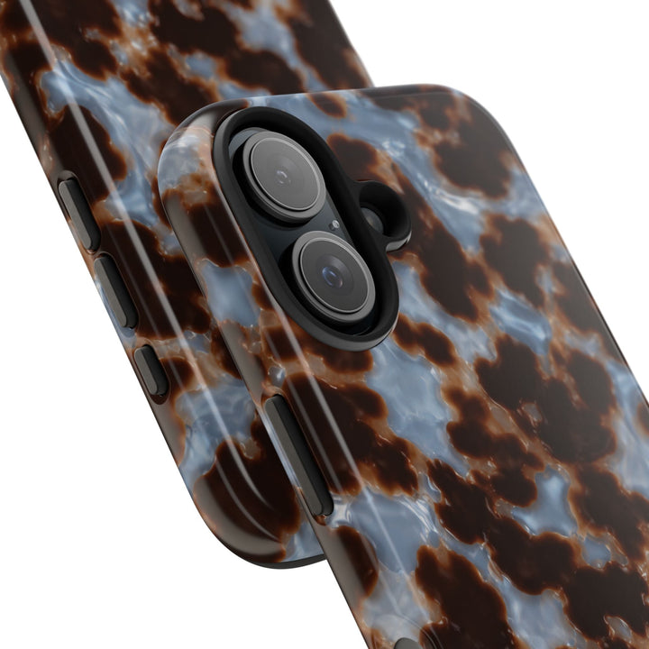 Sunday Theory tortoiseshell phone case with glossy brown and blue pattern and protective camera cutout