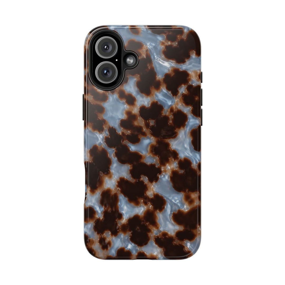 Sunday Theory glossy tortoiseshell phone case with a brown and blue pattern and durable shock-resistant design