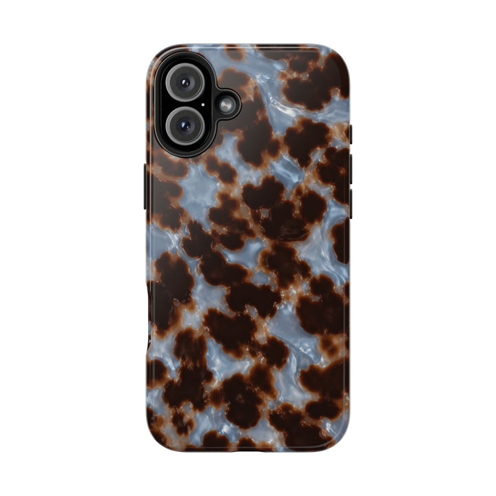 Sunday Theory glossy tortoiseshell phone case with a brown and blue pattern and durable shock-resistant design