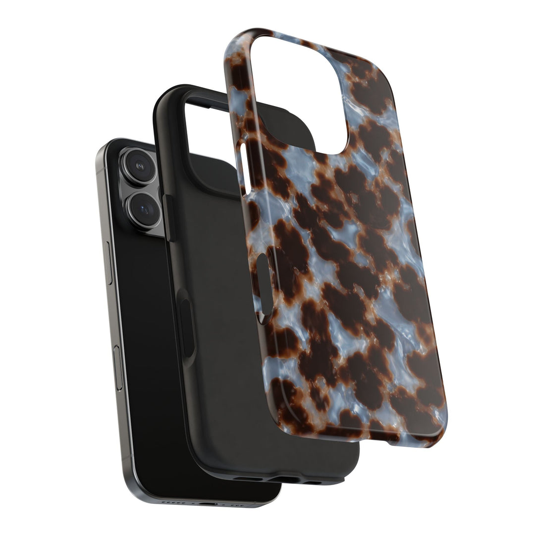 Sunday Theory tortoiseshell phone case with a glossy brown and blue pattern, showing two-piece protective construction.