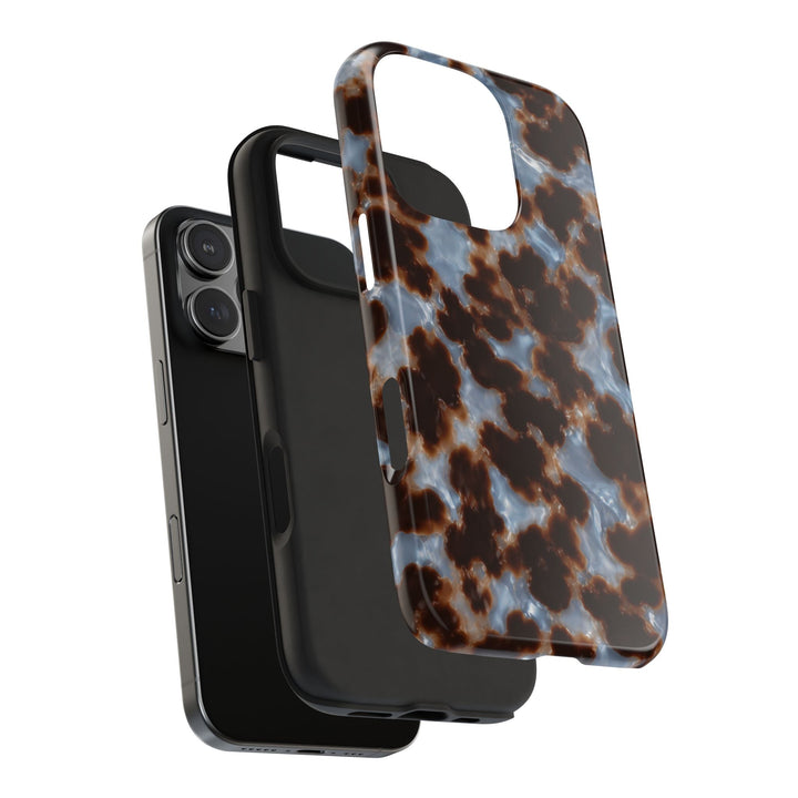 Sunday Theory tortoiseshell phone case with a glossy brown and blue pattern, showing two-piece protective construction.