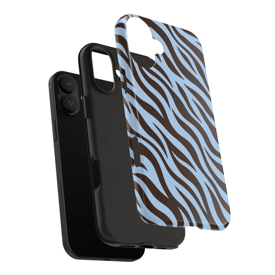 Sunday Theory blue and brown zebra print protective phone case with a two-piece polycarbonate and TPU design.